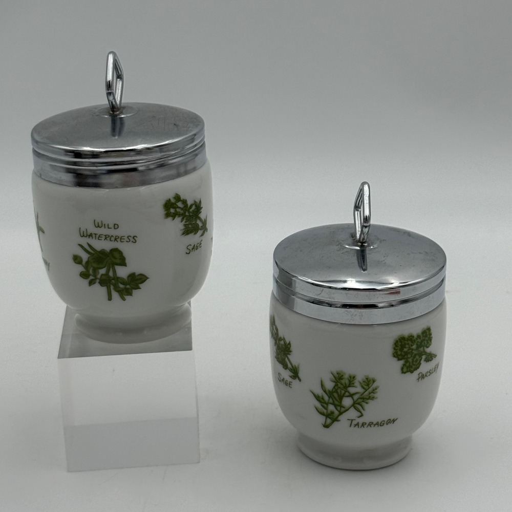 Vintage Taste Setters East Herb Garden Porcelain Egg Coddlers Pair Japan Chrome